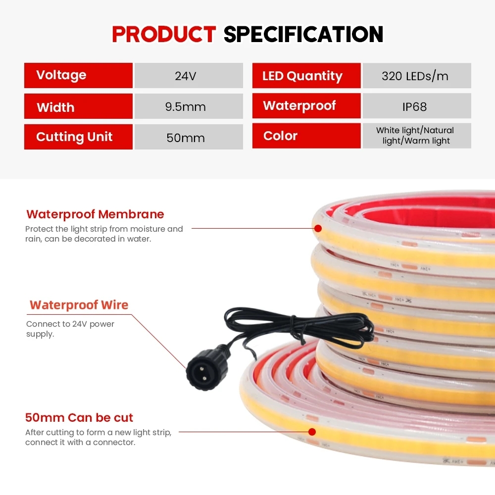24V COB Strip IP68 Waterproof  - Outdoor Power Strip のレビューと価格